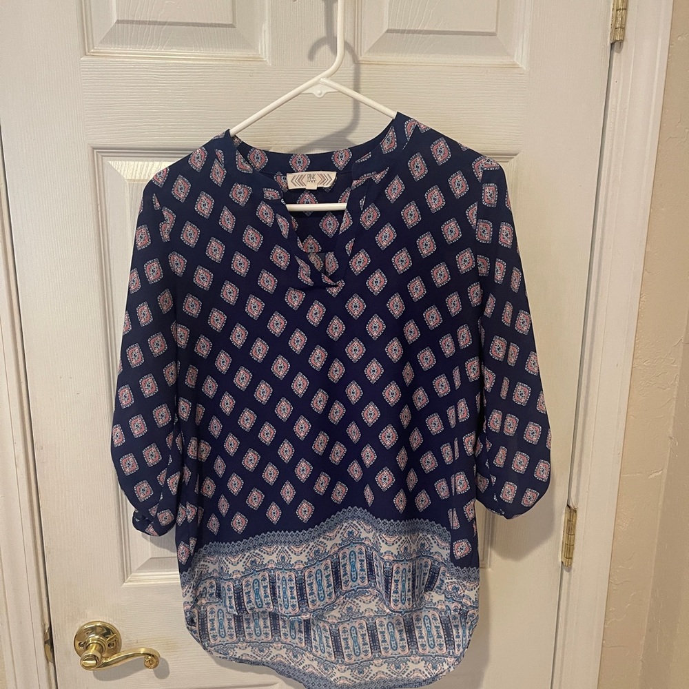 Pink Rose Navy and White Patterned Blouse